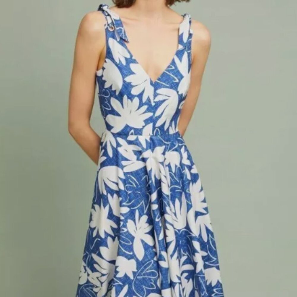 Hutch Anthropologie Dress Blue Floral Tie Shoulder Fit Flare Cottage
